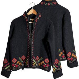 Carson 100% Wool Embroidered Beaded Full Zip Jacket Women's Small Black Nordic